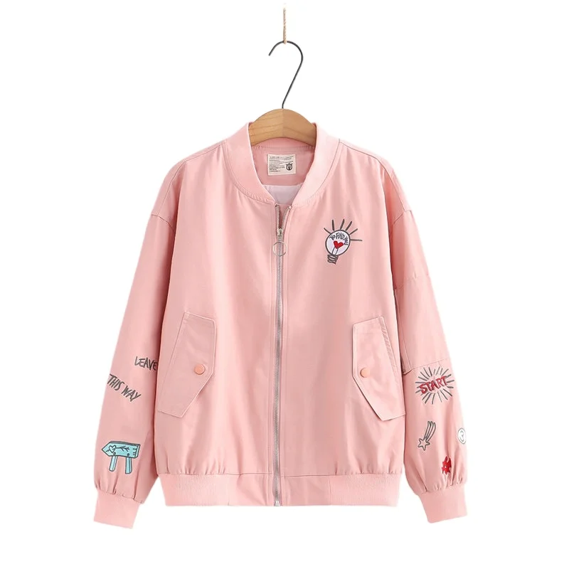 

Куртка Harakuju женская с графической вышивкой, пальто на молнии, с длинным рукавом и воротником-стойкой, в стиле преппи, Повседневная Верхняя о...