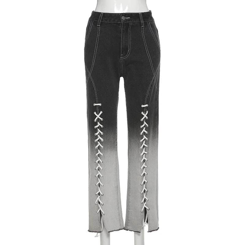

women's jean trousers Autumn and winter slim high-waist slit fashion gradient denim flared pants Streetwear clothes