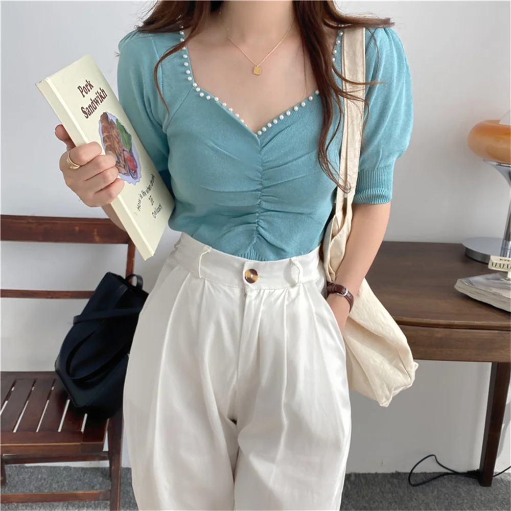 

Alien Kitty Pearls Skinny V-Neck Women Tops Folds Half Sleeves Chic Gentle Lady 2021 Summer Stylish Knitwear Pullover Sweaters