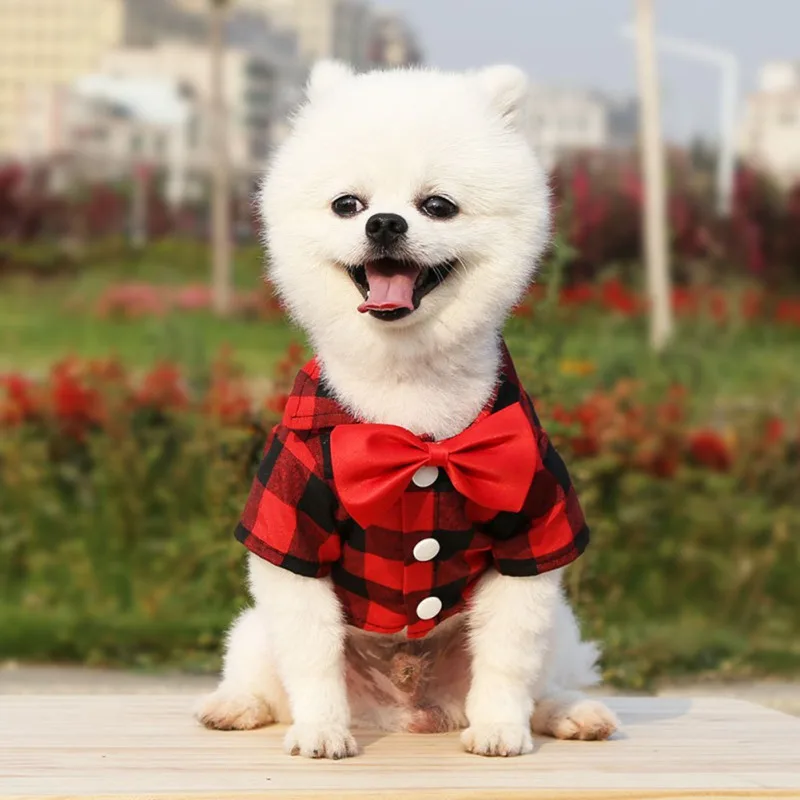 Pet Gentleman Dog Suit Shirt Plaid Dog Casual Clothes Cute Red Bowtie Tuxedo Pet Wedding Party Dress Up images - 6
