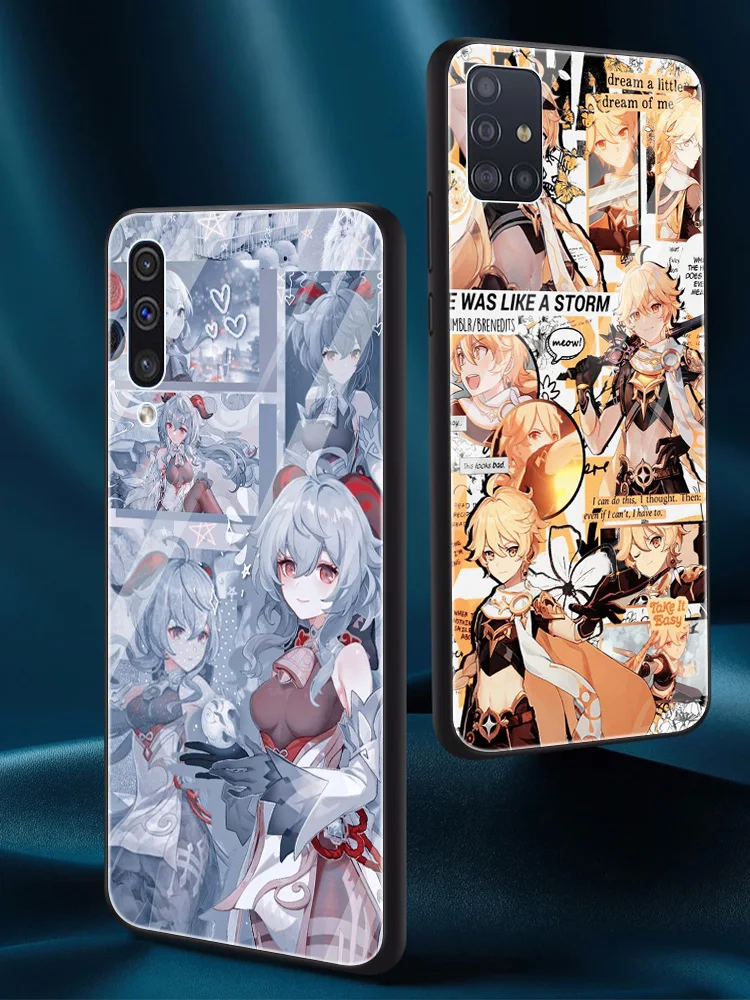 

Glass Shell For Samsung A50 A70 A40 A30 A20 A10 Black TPU Silicone Cover Case Capa Guscio Fundas Genshin Impact Anime