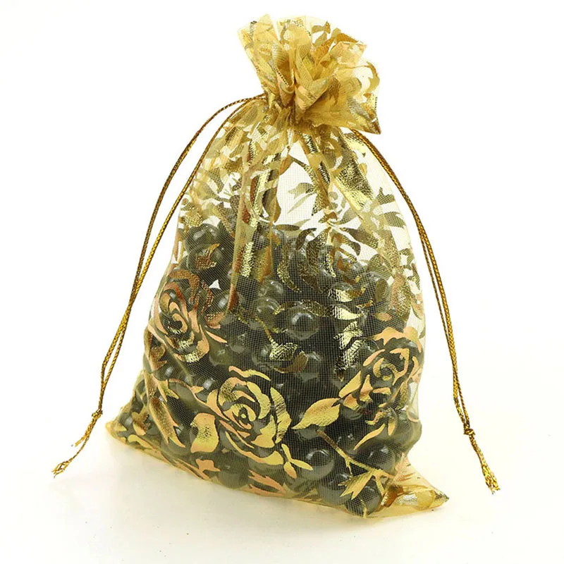 gold gold rose 100 шт./лот 7X9 см X 9 см X 12 см 11X16 см 13X18 см золотое любовное сердце роза свадебная сумочка из органзы из тонкой прозрачной ткани, подарок на Рождество, спальные мешки для упаковки ювелирных изделий - Цвет: gold gold rose
