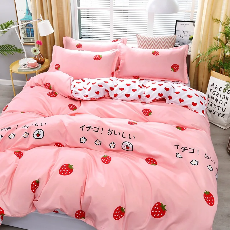 

4pcs Pink Strawberry kawaii Bedding Set Luxury Queen Size Bed Sheets Children Quilt Soft Comforter Cotton Bedding Sets For Girl