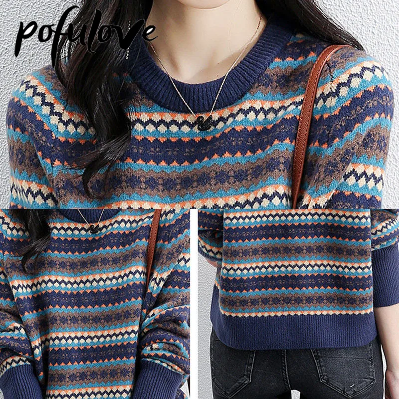 Свитер женский в этническом стиле пуловер ретро вязаный Свободный Топ трендовый
