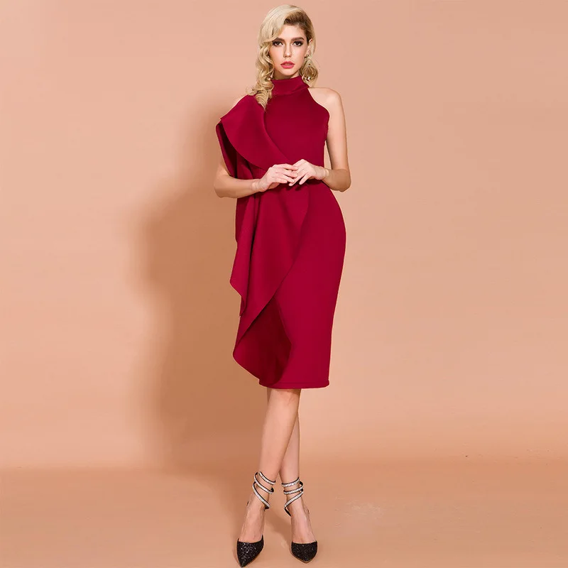 

2021 Autumn and Winter Women High-neck Off-shoulder Solid Color Mid-length Dress Irregular Ruffled Cloak Banquet Evening Dress