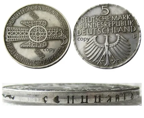 Немецкая Серебряная монета 5 немецких марок 1952D с посеребренным