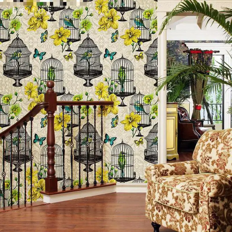 

Pastoral style flower and bird cage background wall wallpaper living room bedroom hotel 5.3 square rolls