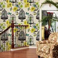Pastoral style flower and bird cage background wall wallpaper living room bedroom hotel 5.3 square rolls