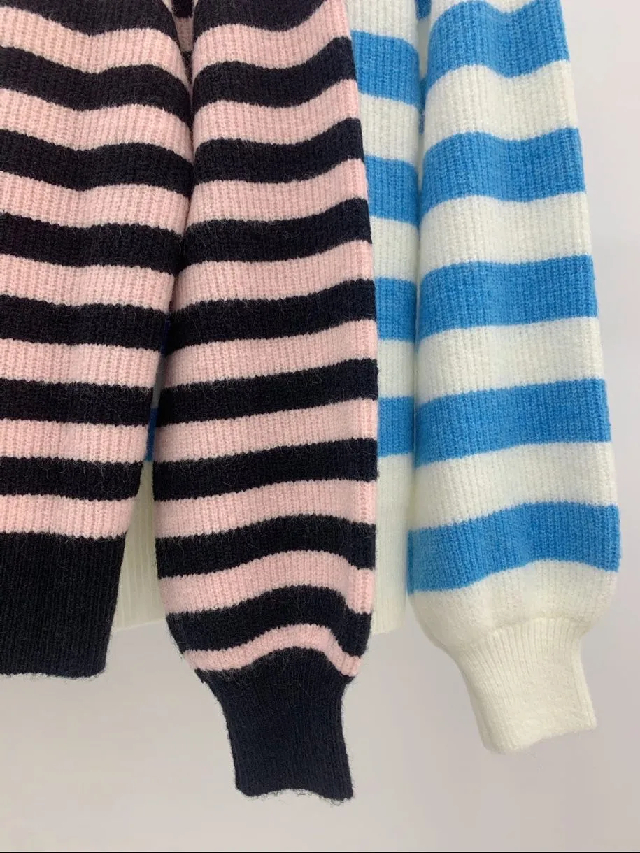 

2021 Autumn Winter New Women's Fashion Sweaters Pullover Stripes O-Neck Casual Long Lantern Sleeve Ladies Alpaca Blend Jumper