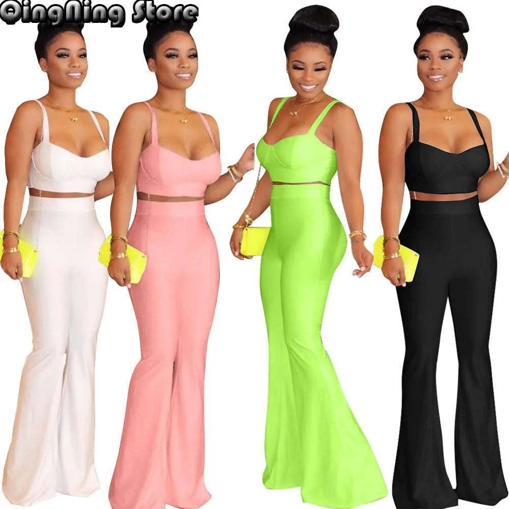 

Костюм спортивный женский неоновый из двух предметов, укороченный топ на бретелях-спагетти, брюки-клеш, элегантный костюм для фитнеса, на ле...