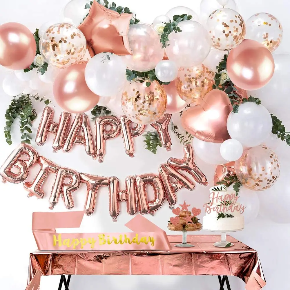 

Fan Haus Rose gold birthday party decoration, happy birthday banner, rose gold aluminum foil tablecloth, birthday belt