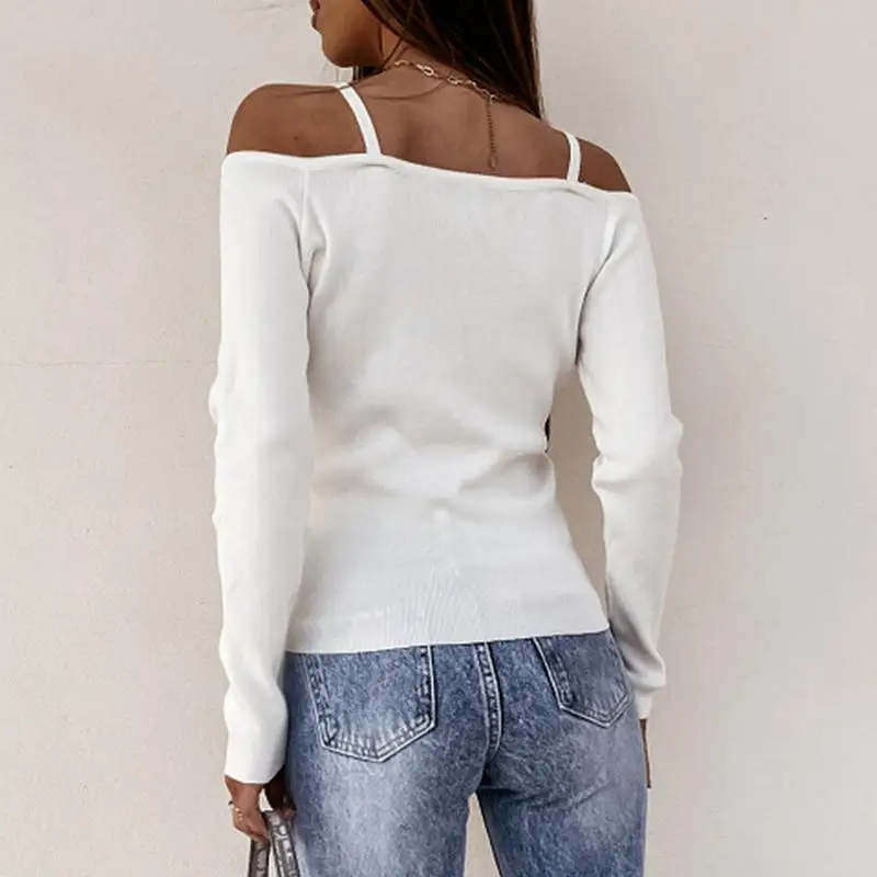 

Sale 2021 Long Sleeve Lady Shirt Blouse Sexy Off Shoulder V-Neck Tops Women Elegant Solid Drawstring Knitted Blusas Streetwear