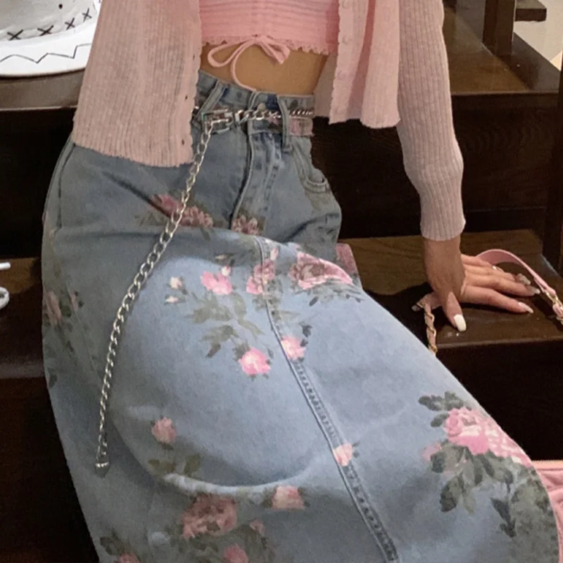 

Summer 2021 New Sweet Printed Package Hip Denim Skirt Vintage Fashion High Waist Fork Long Skirts for Women