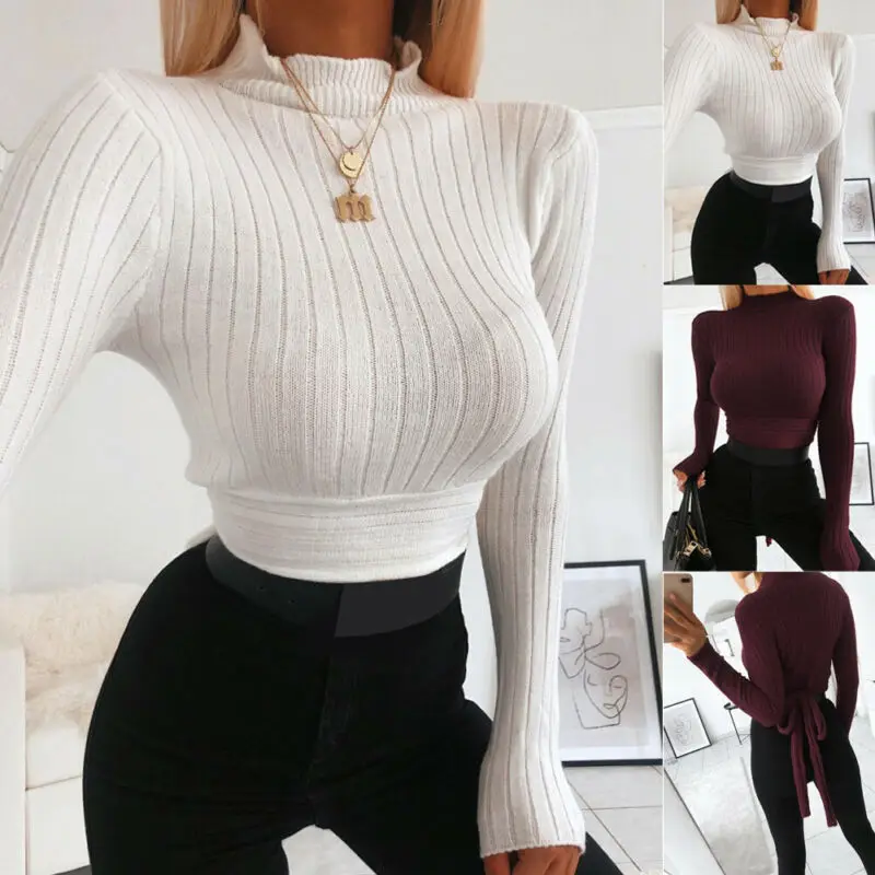 

Autumn Solid Women Turtleneck Winter Warm Knitted Sweater Long Sleeve Bowknit Short Pullover Tops Blouse Casual