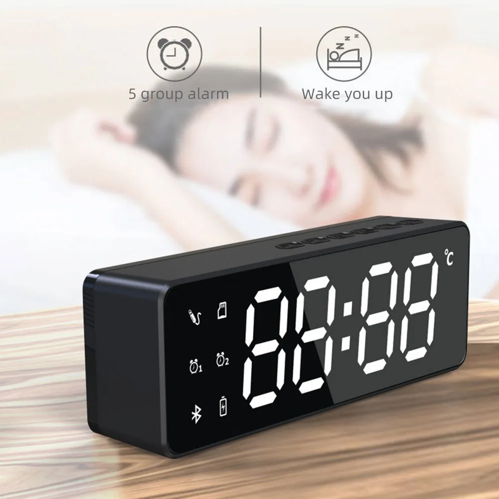 

Smart Wireless Bluetooth Speaker Digital Clock Bedside Alarm Clock Stereo Subwoofer with Temperature Monitor Dimmable Display