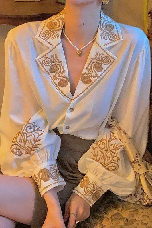 

Kimotimo French Embroidery Women Shirts Big Turn-down Collar Design Lantern Sleeve Tops Vintage Temperament 2021 Spring Elegant