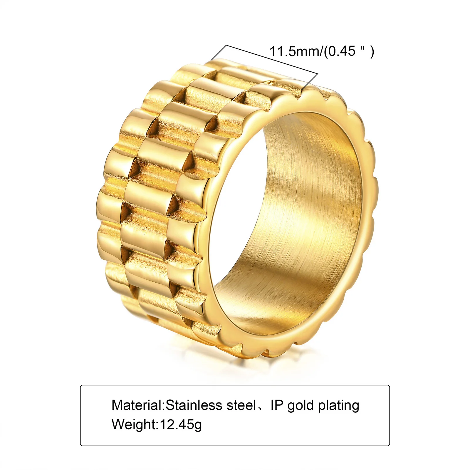 Vnox 11mm Watch Band Shaped Ring for Men Gold Color Stainless Steel Punk Finger Rock Gothic Hiphop Boy Jewelry | Украшения и