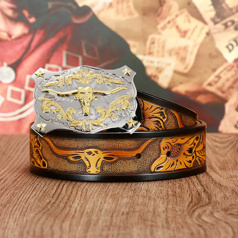 

Western Cowboy Leather Belt Zinc Alloy Fighting Bull Head Attitude Buckle Men's Gift