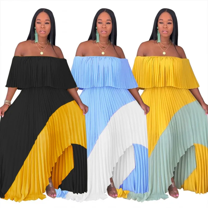 

2021 Spring Autumn Fashion Loose Solid Color Women Maxi Long Split Gown Leisure Outdoor Patchwork Strapless Sexy African Dress