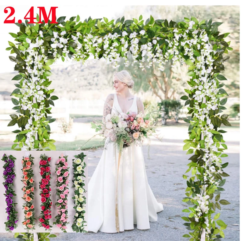 

2.4M Rose Artificial Flowers Hanging Flowers DIY Holiday Garland Wall Decoration Rattan Fake Plants Leaves for Wedding Garden