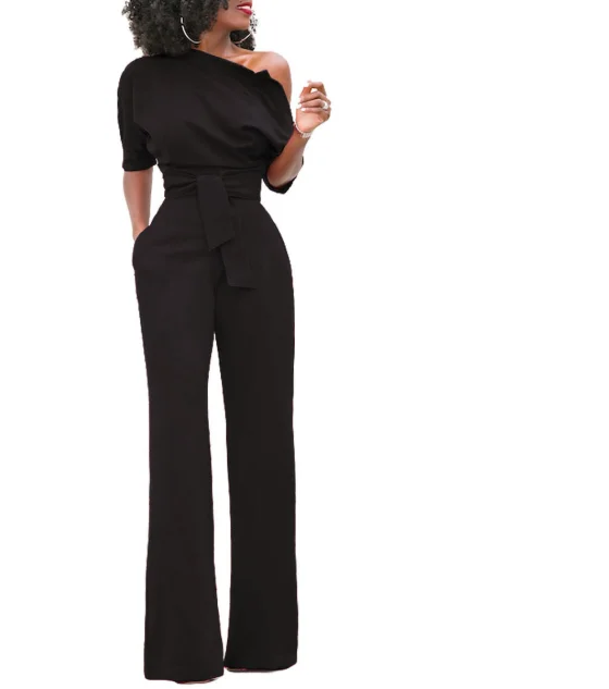 Женский комбинезон на одно плечо с поясом и карманами для офиса Модный женский