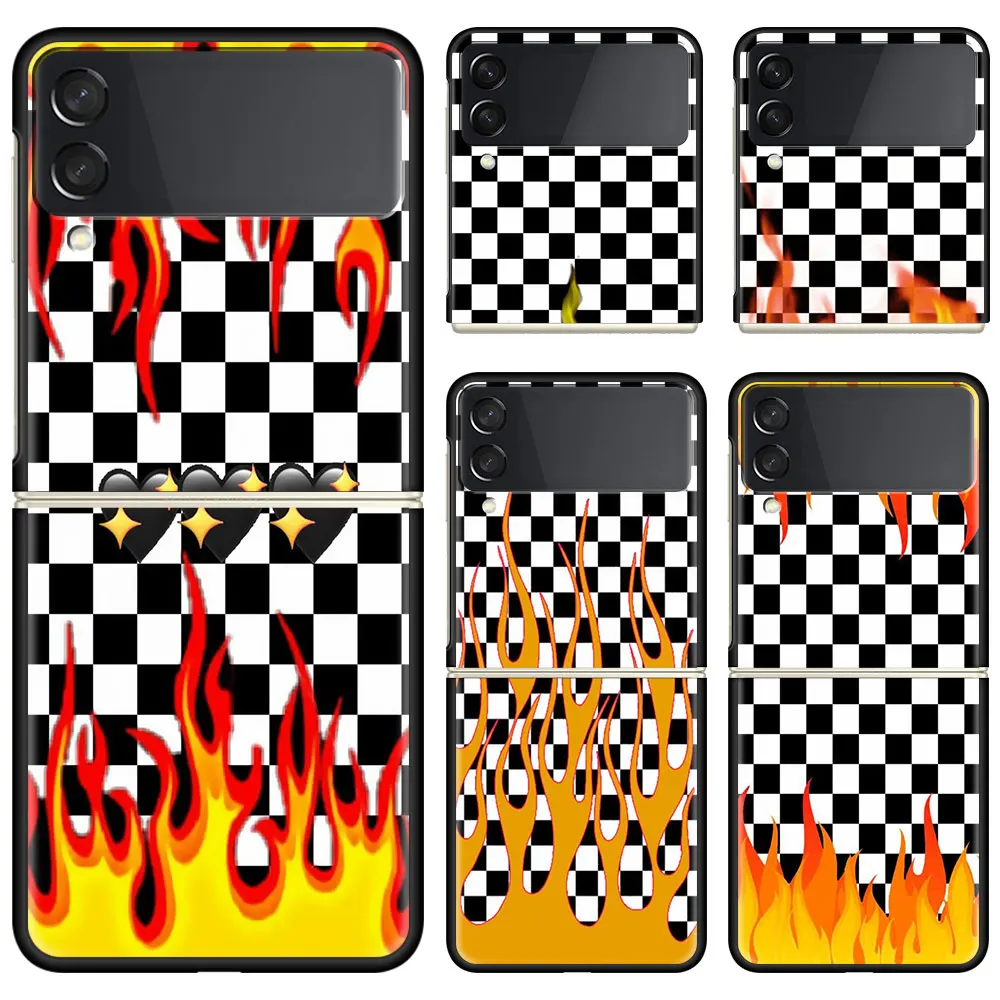 

Phone Case For Samsung Galaxy Z Flip 3 5G Black Hard Cover ZFlip 3 Luxury Shockproof Bumper Cases Fundas Fashion Lattice Flame