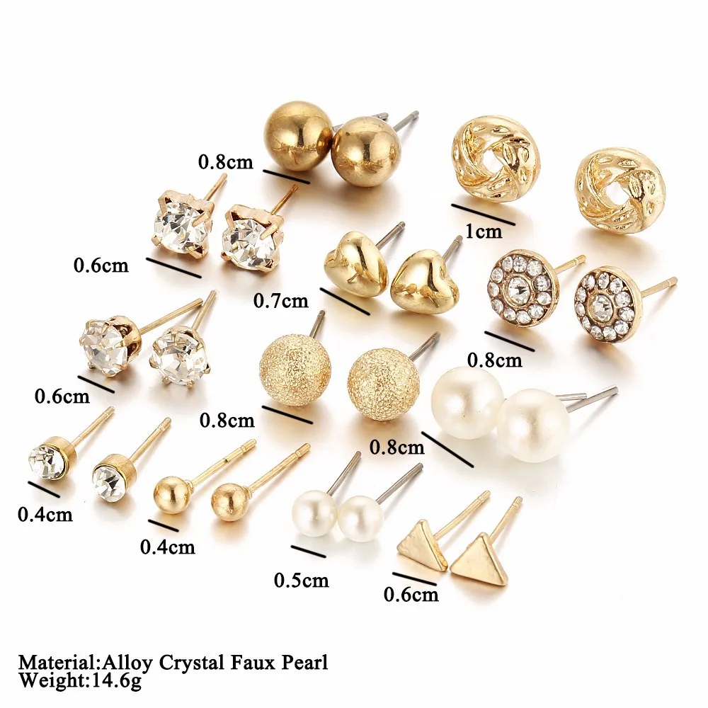 12 Pairs/set Gold Peach Heart Triangle Crystal Stud Earrings Set Round Geometric Exquisite For Women Girls Gift Jewelry | Украшения и