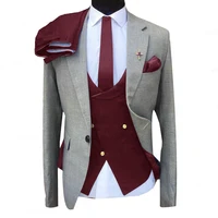 jeltonewin fashion formal business slim fit 3 pieces light grey blazer burgundy vest pant mens tuxedo wedding groom men suits