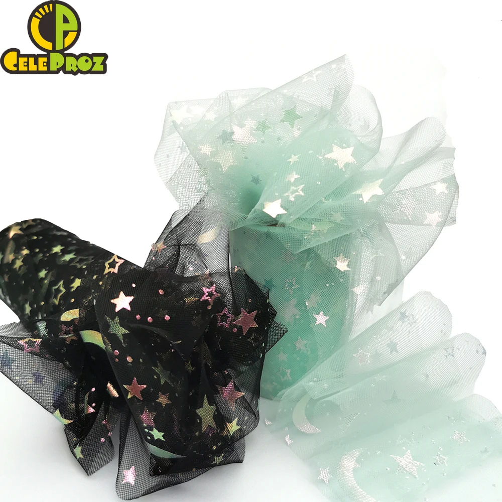 

8cm 10cm 12cm Iridescent Star Moon Tulle Roll Illusory Mesh Ribbon DIY Tutu Pom Bow Sewing Fabric Wedding Birthday Decoration