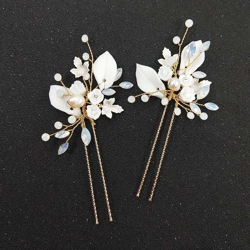 Фарфоровый цветочный набор заколок для волос с опалом и кристаллами Свадебные