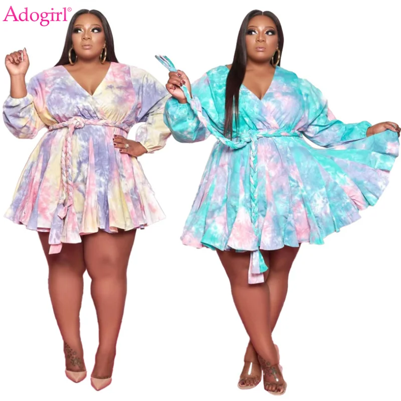

Adogirl XL-5XL Tie Dye Print Women Flare Mini Dress with Braided Belt Wrap V Neck Long Sleeve Fashion Sexy Vestidos