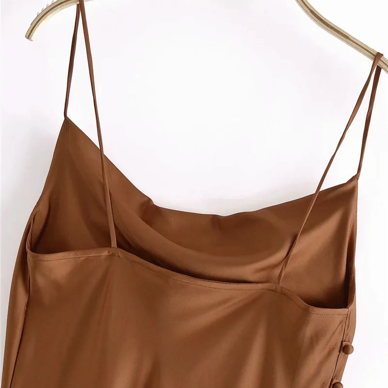 

Women 2021 Chic Fashion Side Buttons Silt Cozy Midi Camisole Dress Vintage Backless Thin Straps Female Dresses Mujer