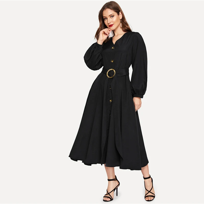 SHEIN Платье На Пуговицах С Поясом Элегантное Платье С V-Образным Вырезом Для Женщин