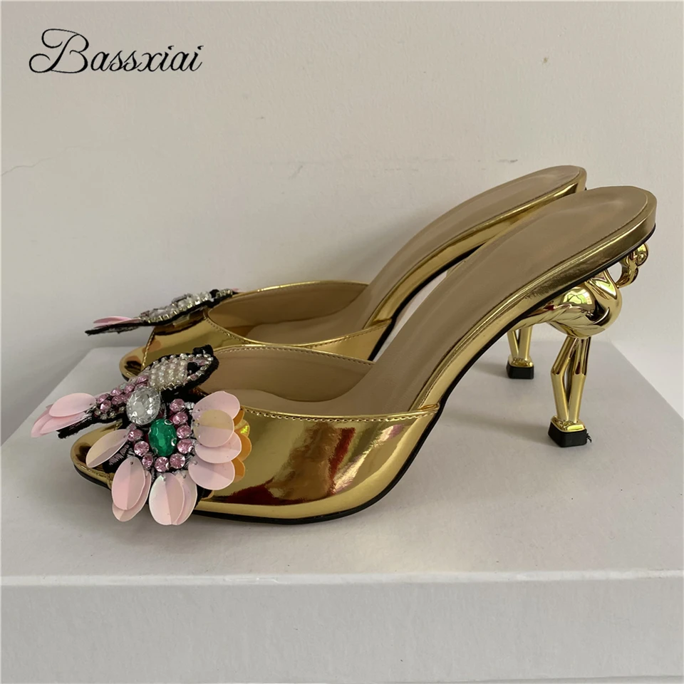 

Diamond Beading Flower Sandals For Girls Women Sexy Peep Toe Slingbacks Novelty Flamingo Strange High Heel Mules Lady Summer