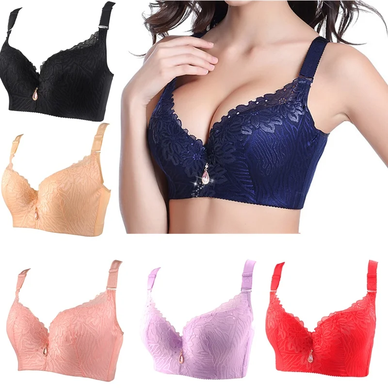 

Plus Size 38-50CDE 6 Colors Women Sexy Underwear Lace Deep V Neck Ladies Bra Full Coverage Push Up Bra