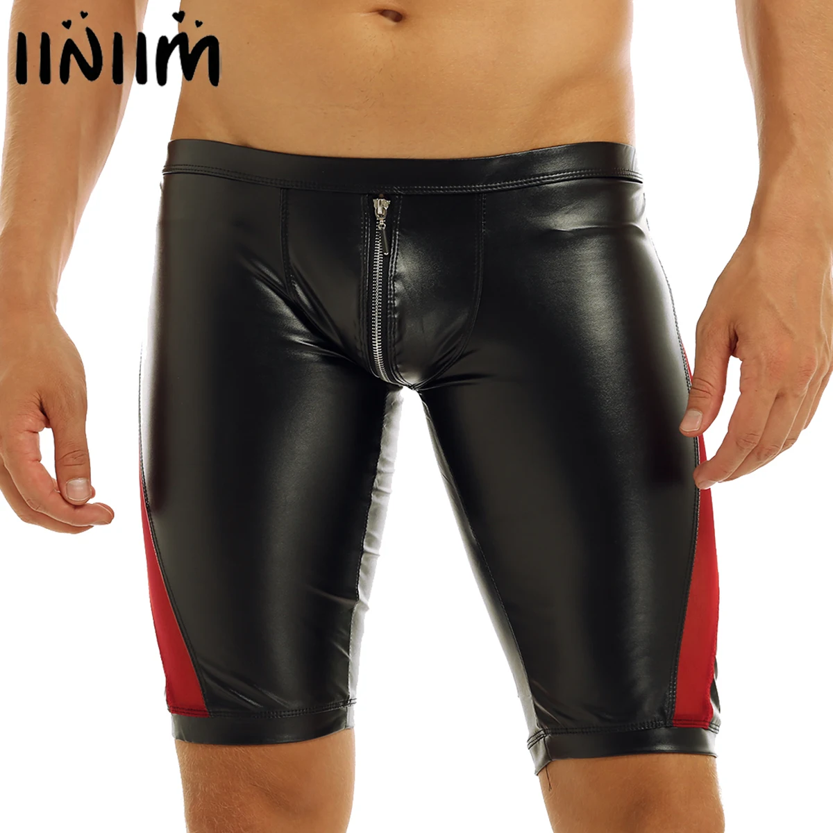 

Black Men's Exotic Shiny Faux Leather Slim Fit Shorts Sexy Low Rise Zipper Crotch Red Sheer Mesh Splice Stretchy Hot Short Pants