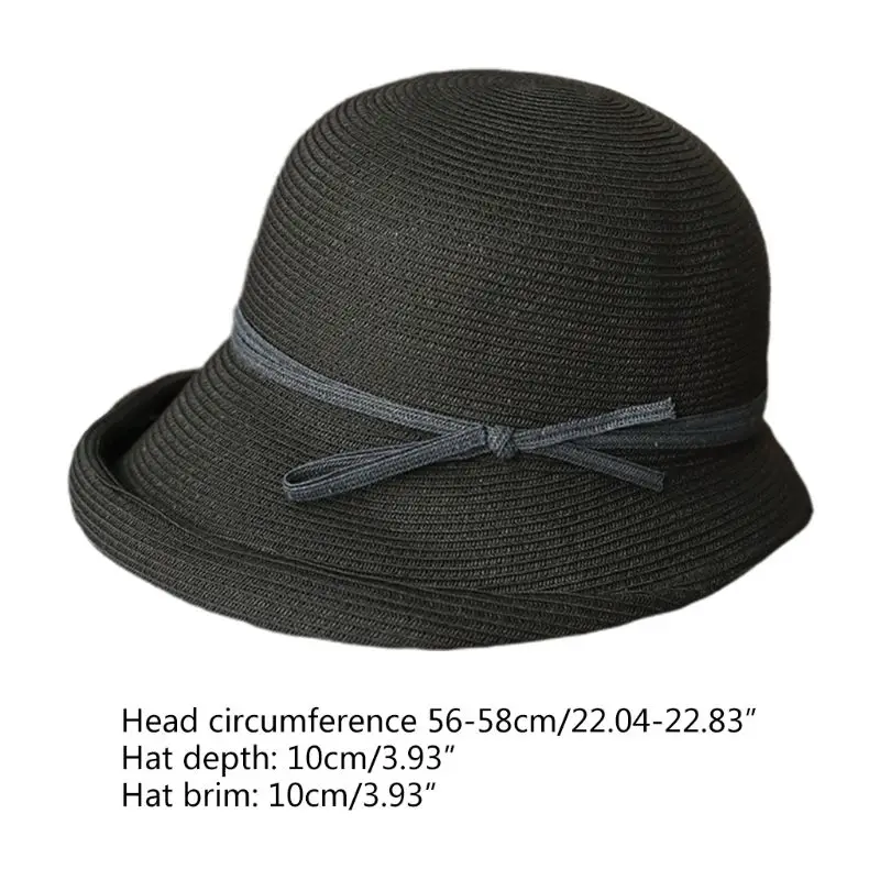 

Women Hepburn Vintage Woven Sun Hat Elegant Contrast Color Bowknot Short Roll Up Brim Foldable Summer Bucket Cap