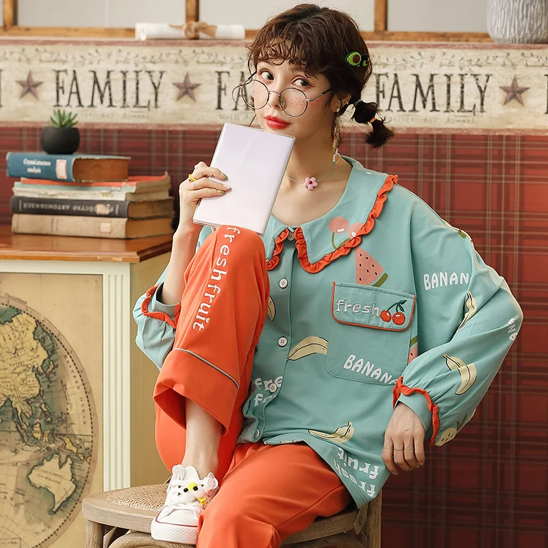 JRMISSLI хлопковая длинная Пижама набор для женщин с фруктовым принтом M XXL большой