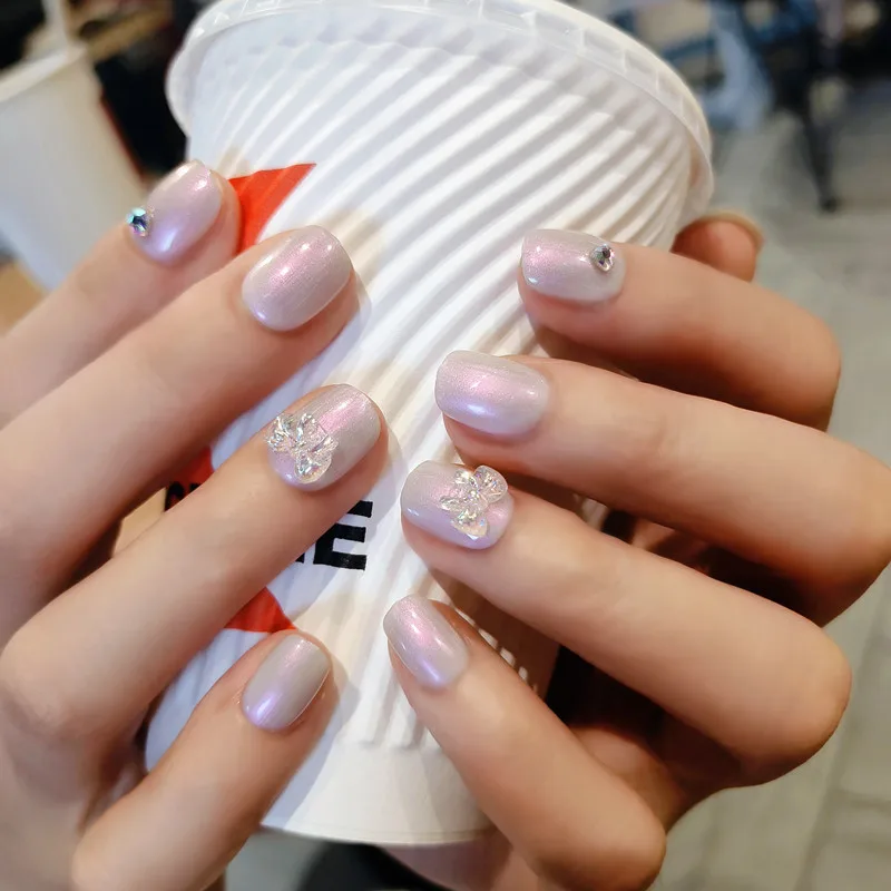 

24pcs Grey Purple Nail Patch Round Head Shiny Bride Nail Decorations Full Cover Press On Nail False Nails Patch with Glue