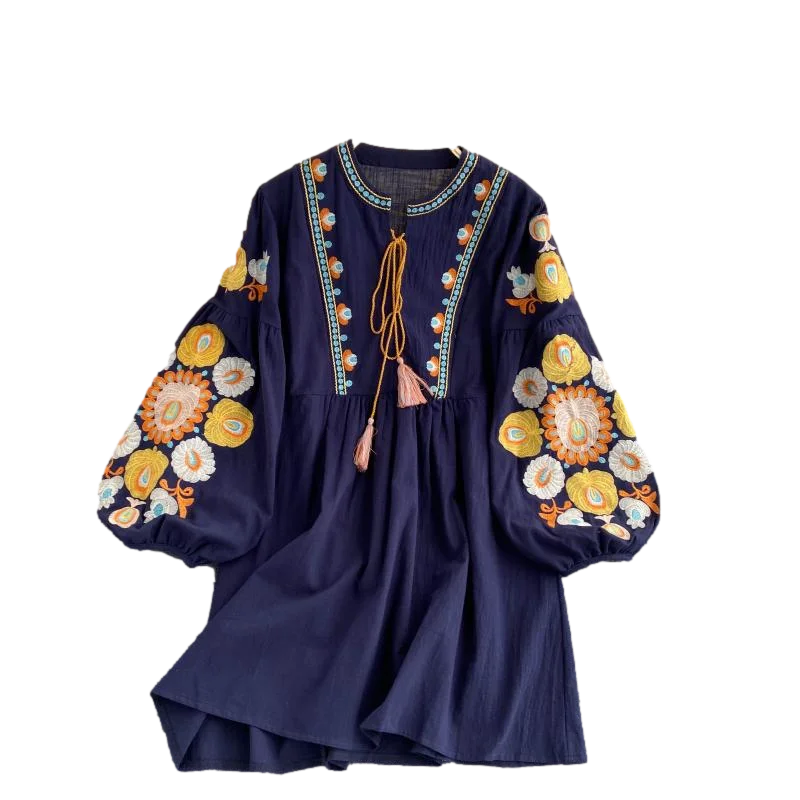 

Autumn New Bohemian Retro Folk Style Vestidos Female Heavy Industry Embroidery Round Neck Puff Sleeve Loose Mini Dress GL120