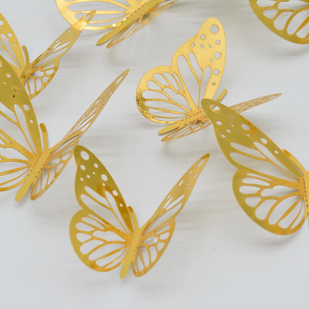 12Pcs/set 3D Gold Butterfly Sticker Chrome Gold Silver Rose Gold Hollow Butterfly for Party Balloons Home Decor Wall Decorations images - 6