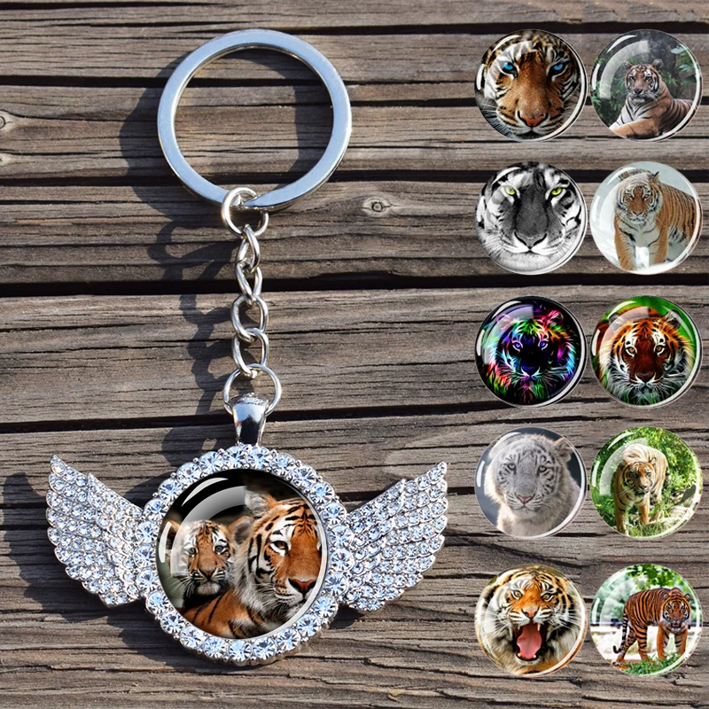 

Tiger Keyrings Animal Keychain Shiny Crystal Wings Pendant Keychains for Women Men Party Gifts Bohemia Rhinestone Jewelry