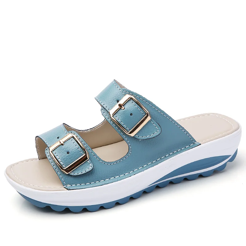 

women slippers buckle real leather slides shoes solid thick sole heels beach sandals women outside flip flops summer