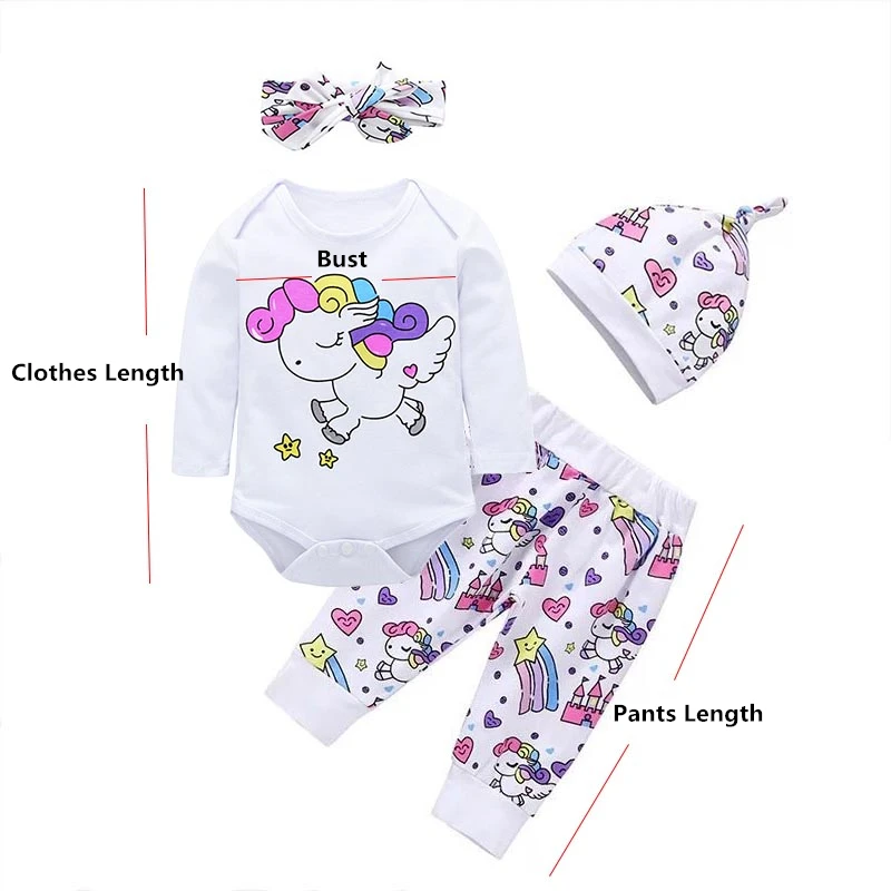 4Pcs Newborn Infant Baby Girls Clothes Set Long Sleeve Cotton Romper+Pegasus Star Castle Pants+Headband+Hat Toddler Clothing