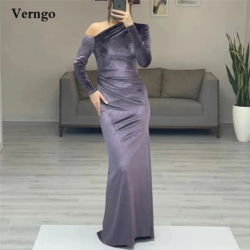 

Женское вельветовое платье до пола Verngo, темно-фиолетовое вечернее платье с длинным рукавом и одним открытым плечом, простая одежда для выпускного вечера
