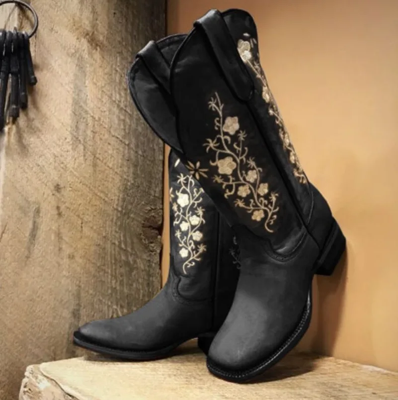 

2021 NewWomen Boots Fashion Floral Embroidered Square head Western Boots Warm Cowgirl Boots Women Knee High Vintage boots