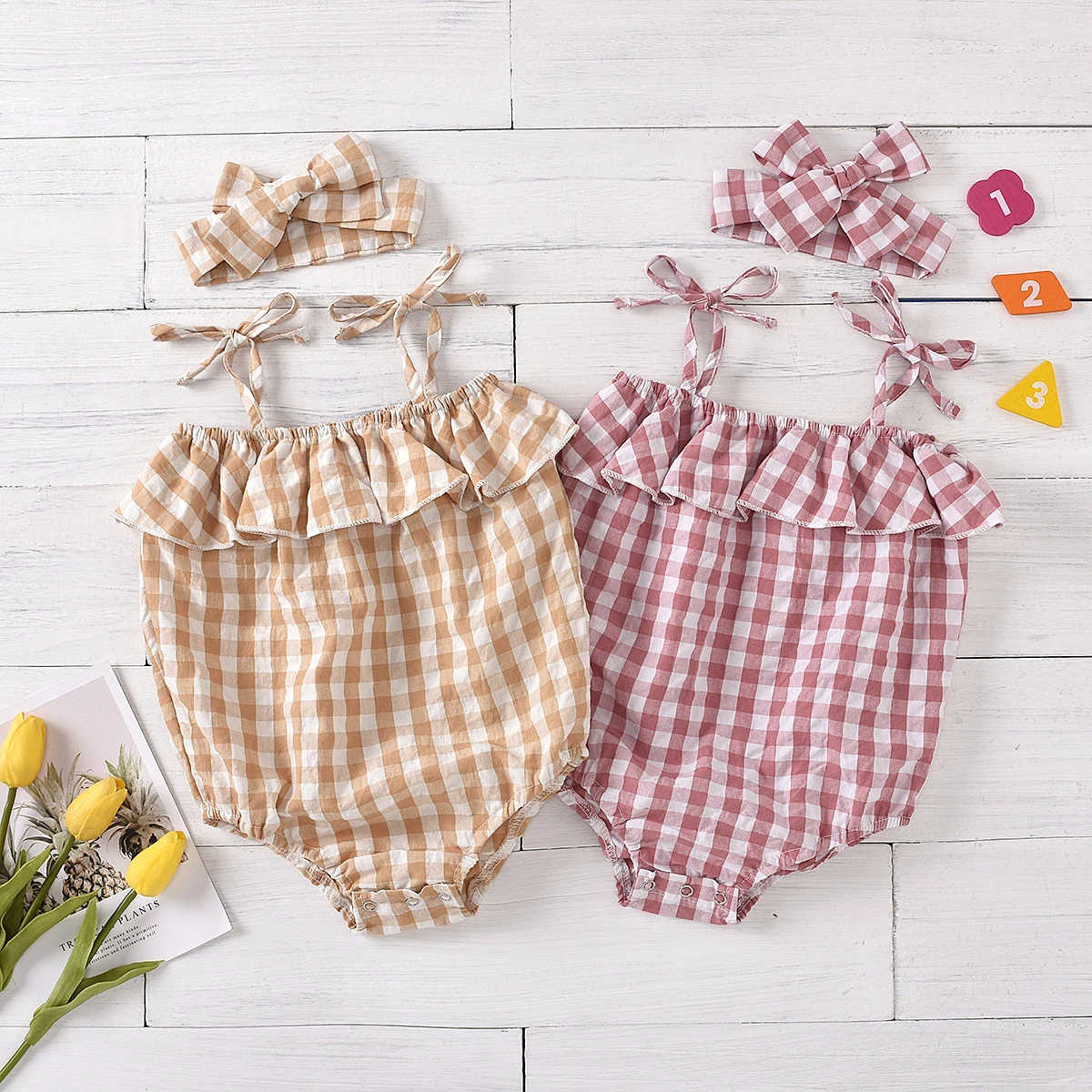 

Baby Girls Romper Sleeveless Plaid Pattern Sling Straps Lotus Leaf Design Button Closure Jumpsuit with Bow Hair Band