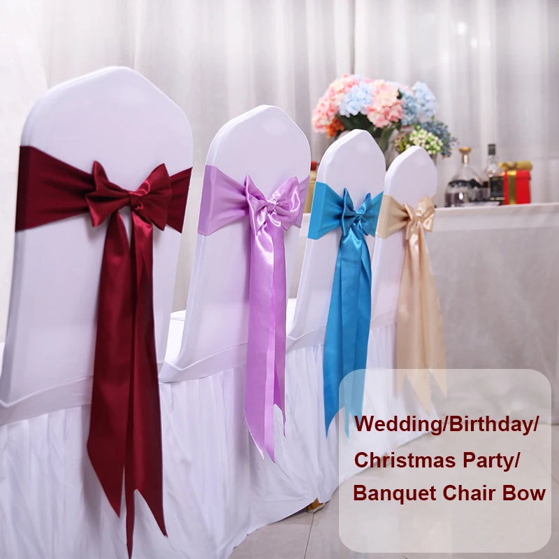 

10 шт./25 шт./50 шт., сатиновые чехлы для стульев с бантиком и поясом, чехлы для стульев с галстуком-бабочкой, ленты для свадьбы, дня рождения, банк...