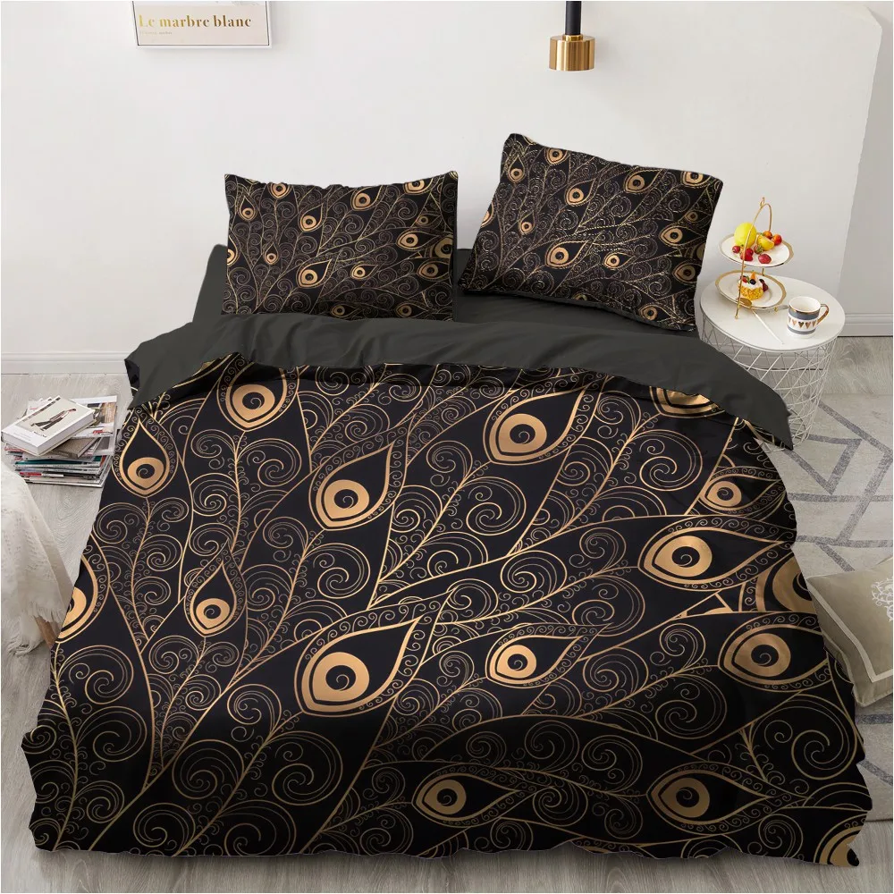 

3D Black Bedding Set Custom Design Modern Quilt Cover Sets Gold Figure Comforther Cases Pillow Slips King Queen Full Twin Size