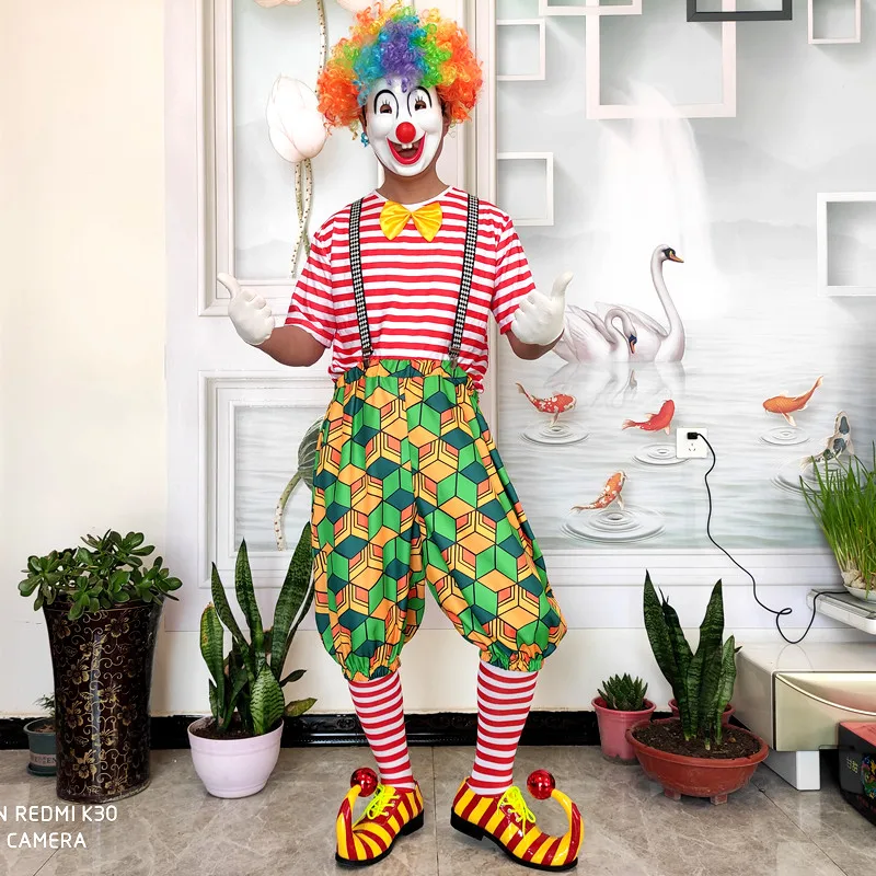 Фото Летняя Клубная одежда для мужчин в полоску костюм клоуна для вечеринки в стиле «Джокер» для костюмированной вечеринки цирк костюм с коротк... №4